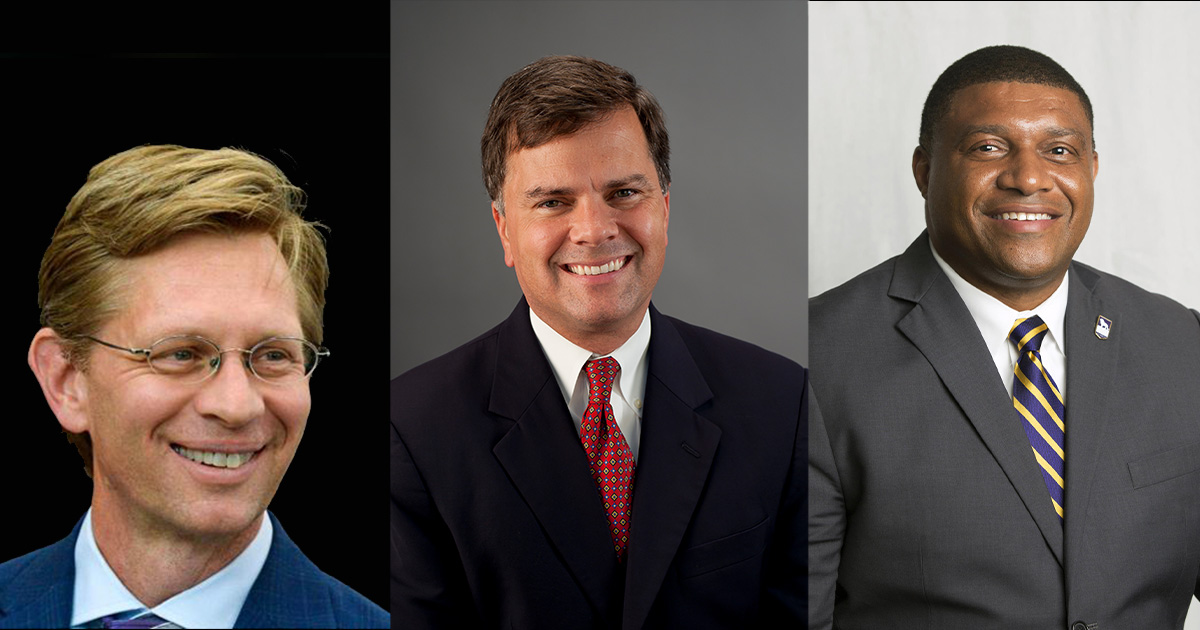 Dr. Eric Mackey, left, Sen. Arthur Orr, and Dr. Ron Patterson will provide the commencement addresses May 12-13.