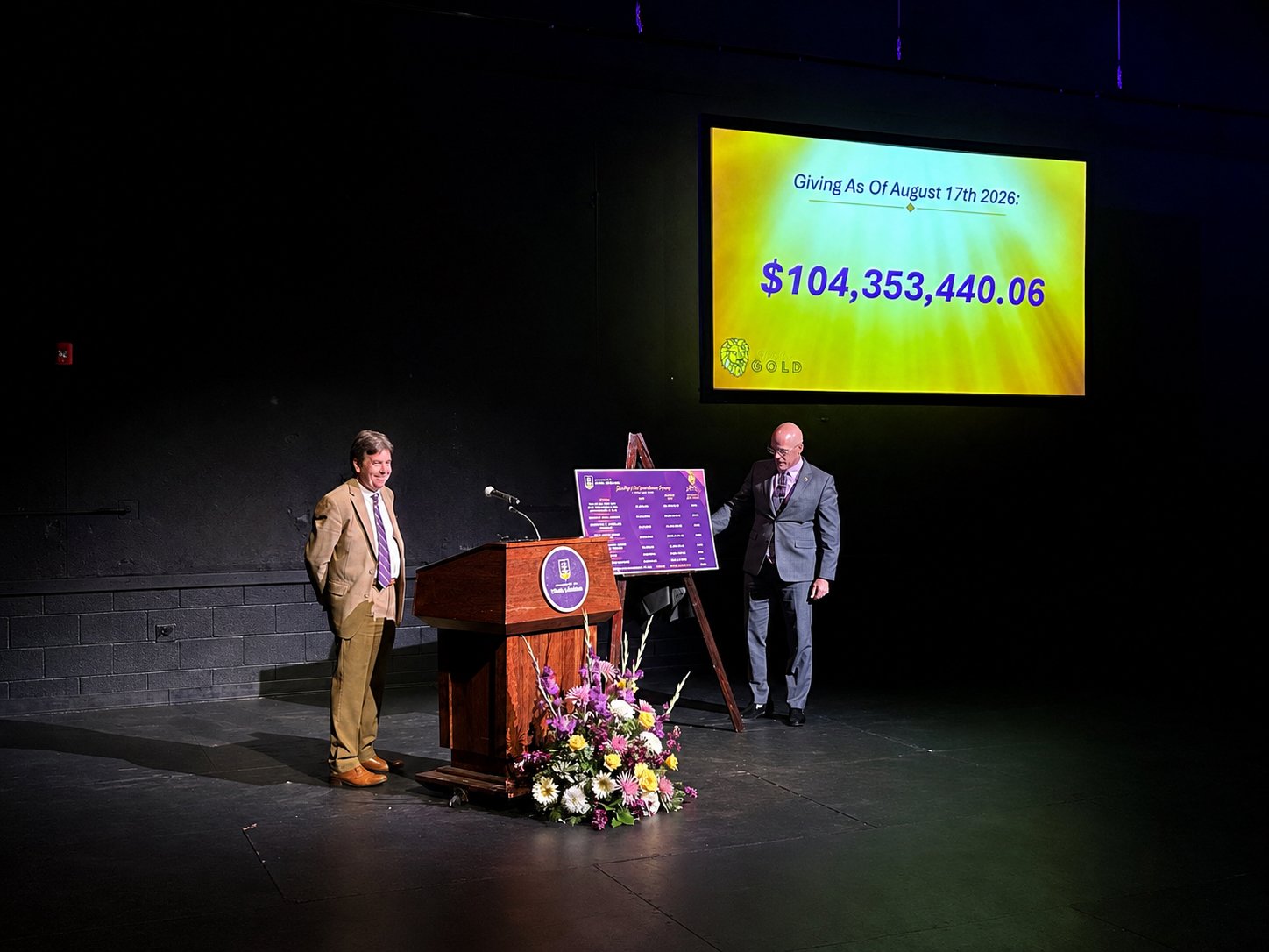 UNA President Dr. Ken Kitts, left, and Vice President for Advancement Kevin Haslam unveil they Shine On, Gold comprehensive campaign fundraising goal to-date, which has exceeded it's $100 million goal.