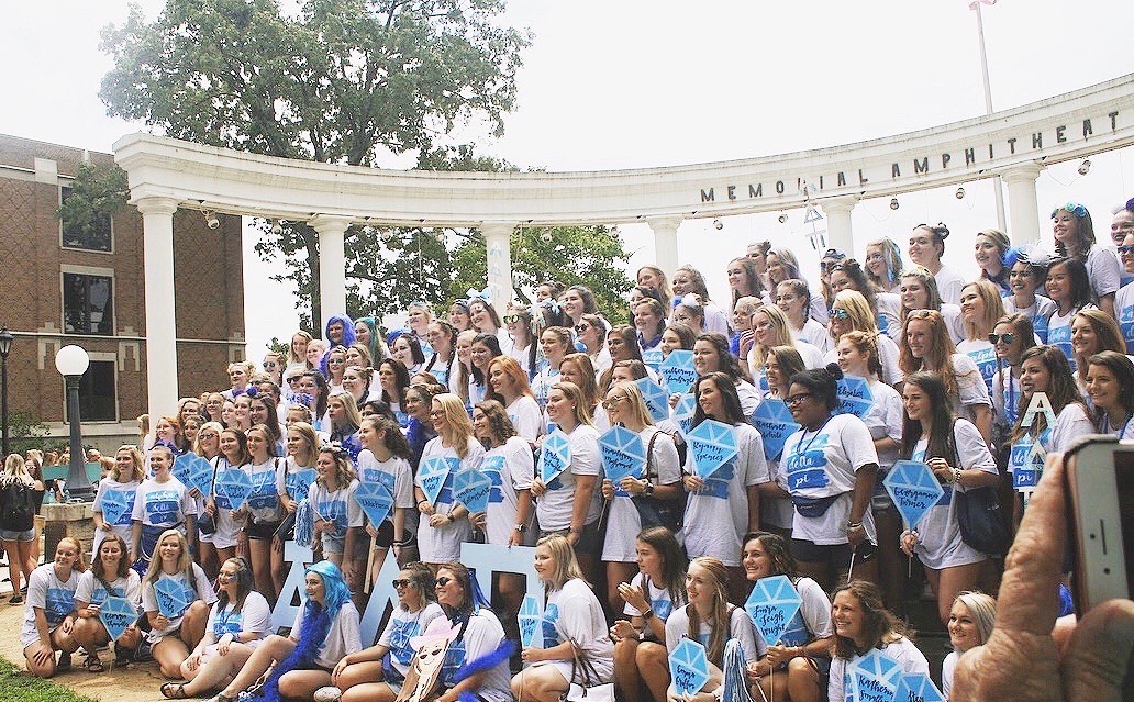 Alpha Delta Pi sorority members gather at the amphitheater to celebrate CPH sorority bid day.